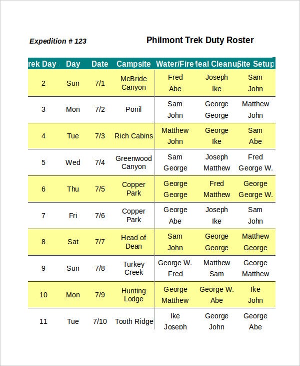 housekeeping duty roster format